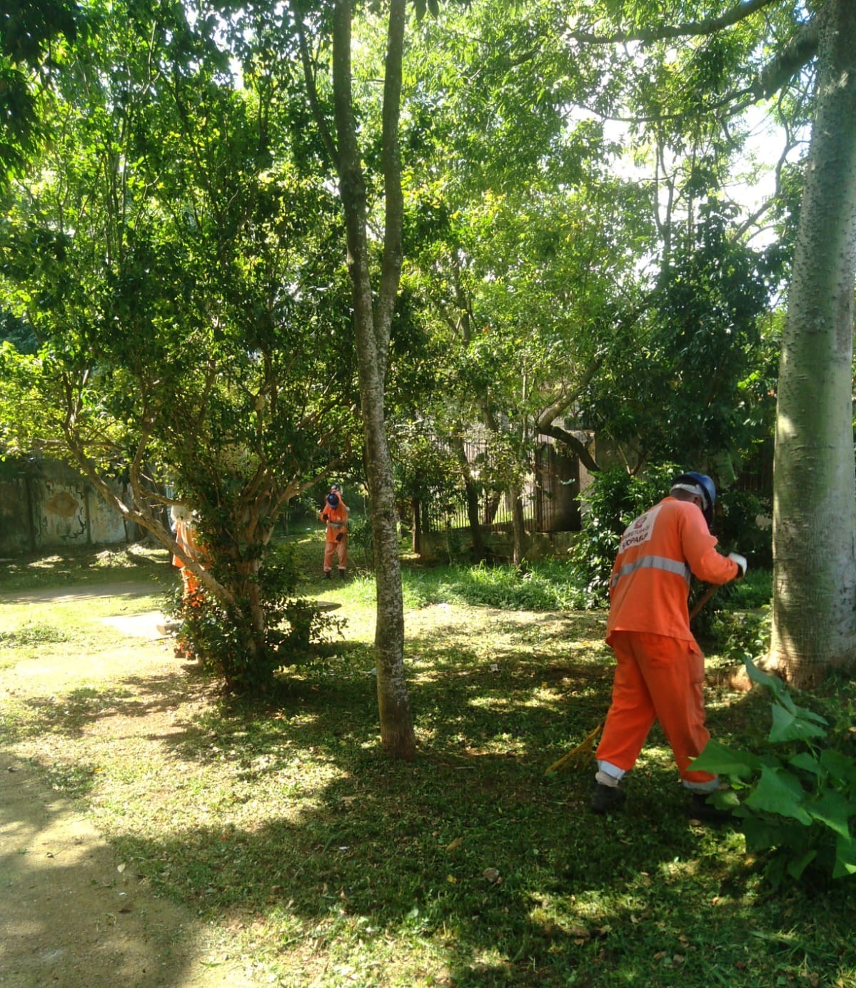 A imagem mostra dois trabalhadores da prefeitura com roupas laranja usando equipamentos de proteção enquanto fazem a manutenção de um jardim. Eles estão cortando a grama e cuidando das plantas ao redor.